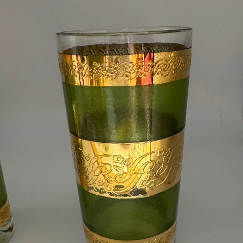 MCM Style Green and Gold Decal/Scroll Highball Glasses - Picture 3 of 6